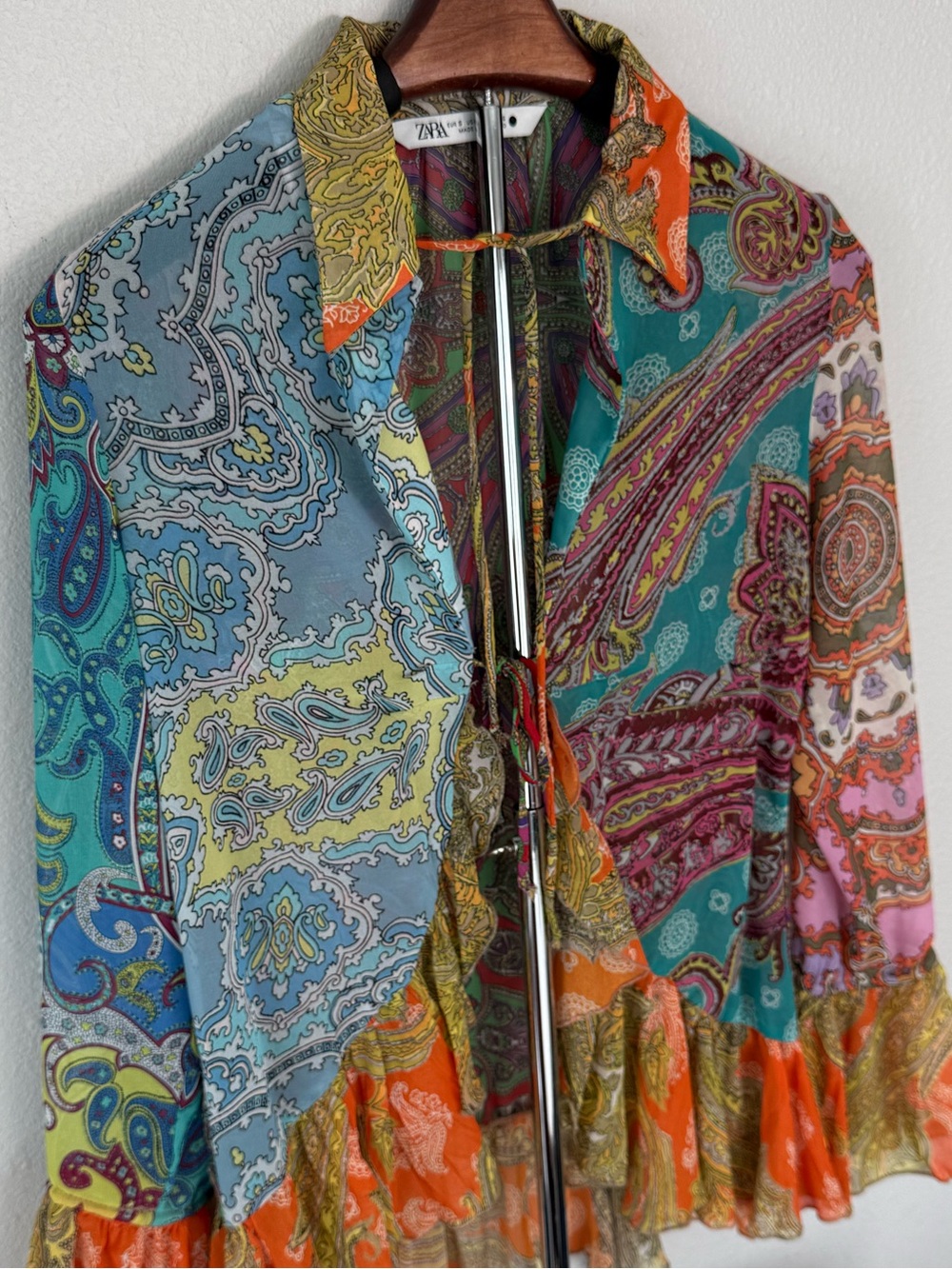 Zara Paisley Print Ruffle Blouse Boho Bell Sleeve Sheer Top Women Size S - Picture 9 of 12